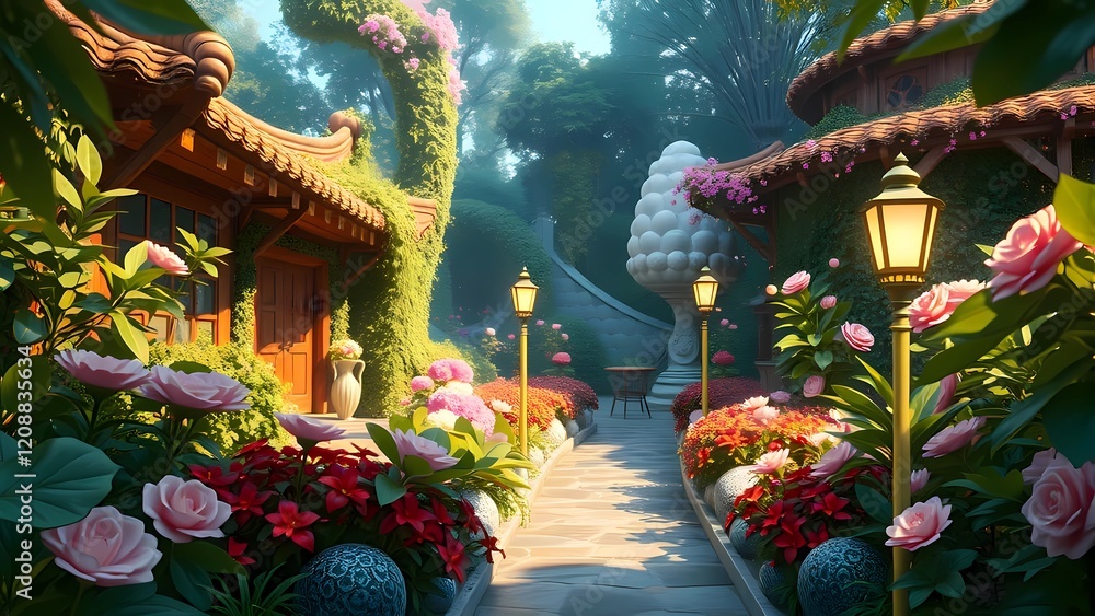 Obraz premium Illustrations of Magical colorful lush, overgrown secret garden