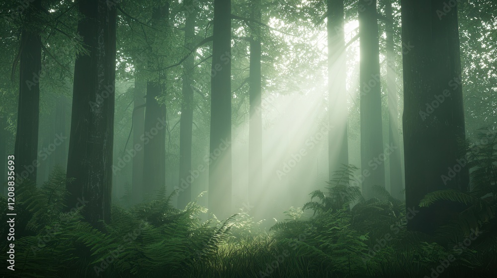 Obraz premium Sunlight filtering through trees in a serene forest scene captured at eye level for nature