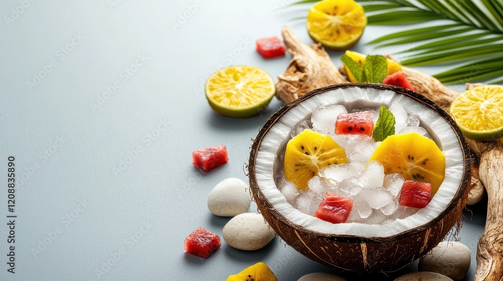 Obraz premium Tropical fruit delight in coconut shell beach setting food vibrant colors close-up view refreshing concept