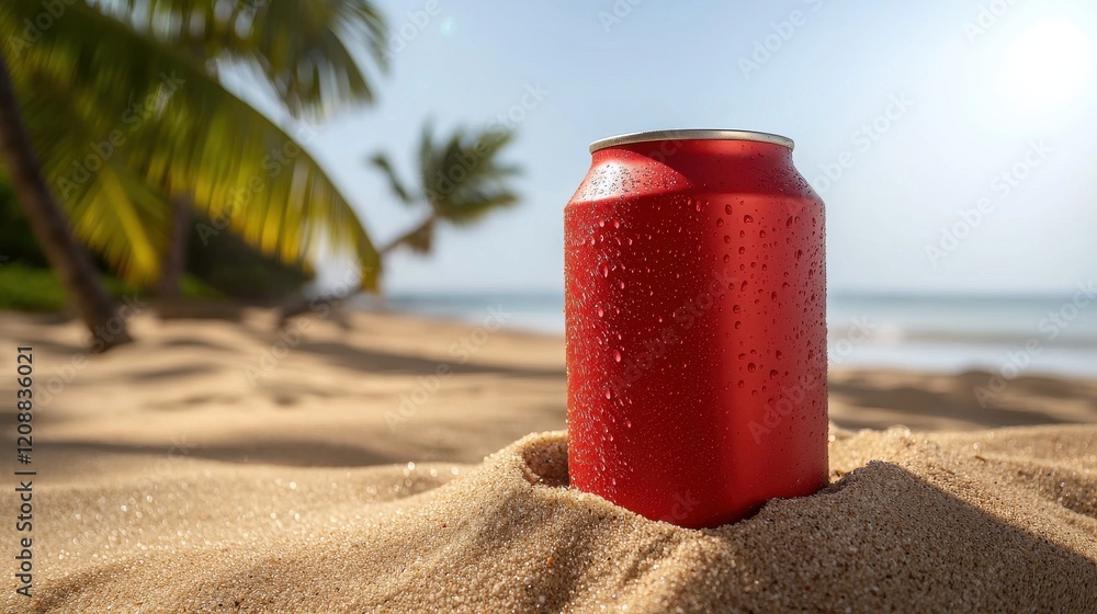 Refreshing cold soda can half-buried in sand tropical beach soft drink vibrant environment bright viewpoint summer vibes Refreshing cold soda can half-buried in sand tropical beach soft drink vibrant environment bright viewpoint summer vibes