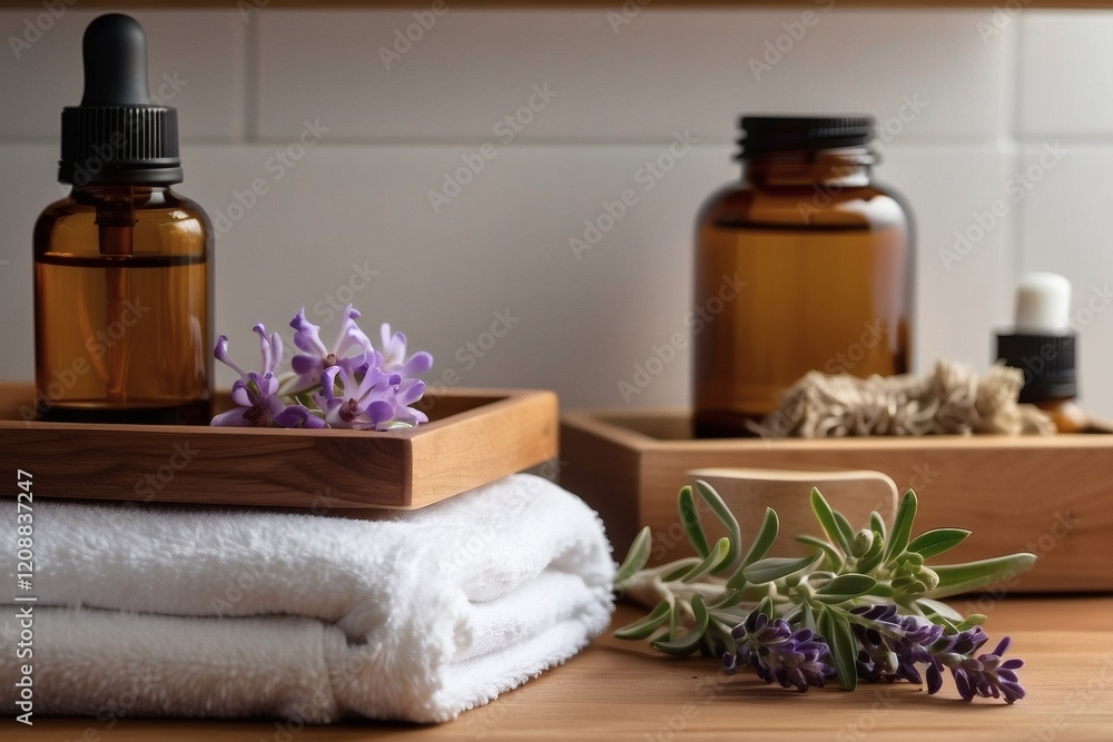 Essential oils and lavender decor arranged on a wooden countertop in a calming spa setting with soft linens Essential oils and lavender decor arranged on a wooden countertop in a calming spa setting with soft linens