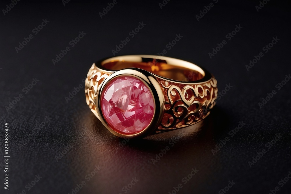 Elegant gold ring featuring a pink gemstone set against a dark background Elegant gold ring featuring a pink gemstone set against a dark background