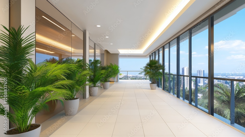 Modern hallway with large windows and potted plant, showcasing a scenic view. Modern hallway with large windows and potted plant, showcasing a scenic view.