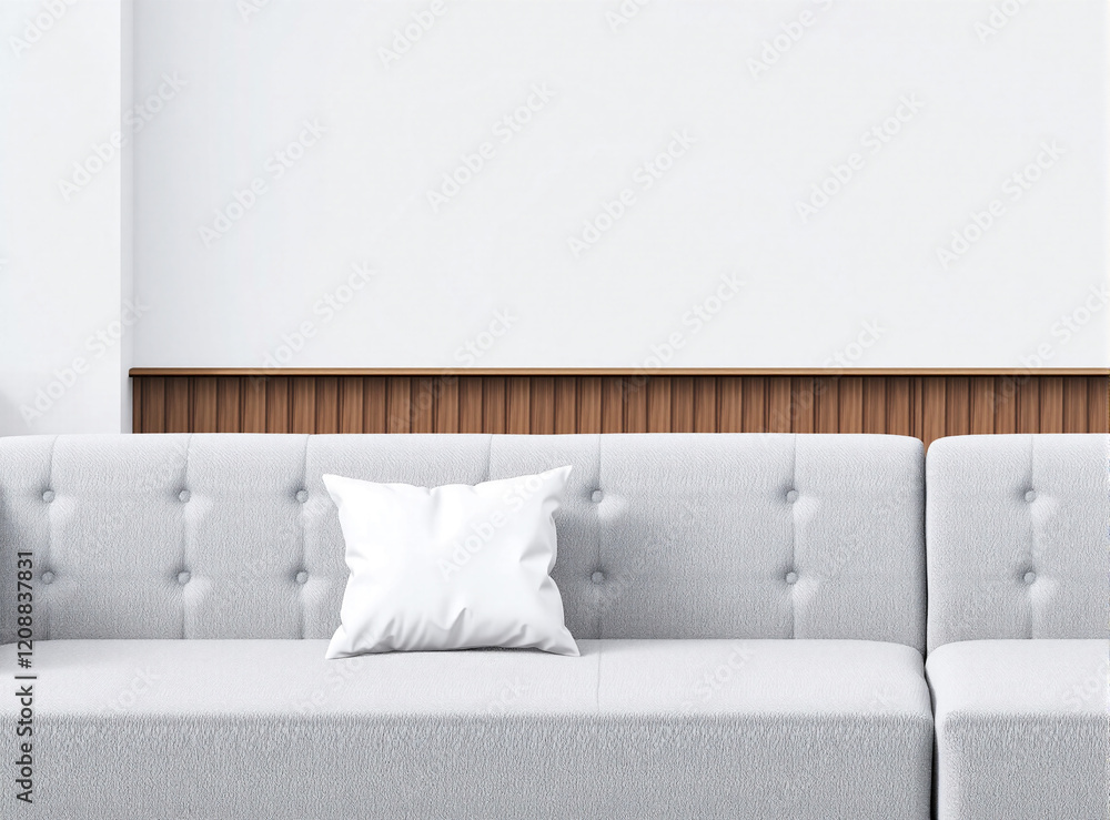 Naklejka premium A clean, modern living room featuring a neutral-colored sofa with a centered blank pillow, perfect for mockups.