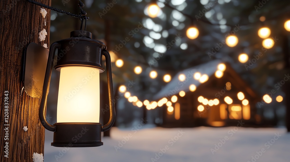A cozy lantern illuminates a snowy scene, with warm lights strung around a rustic cabin, creating a serene winter atmosphere. A cozy lantern illuminates a snowy scene, with warm lights strung around a rustic cabin, creating a serene winter atmosphere.