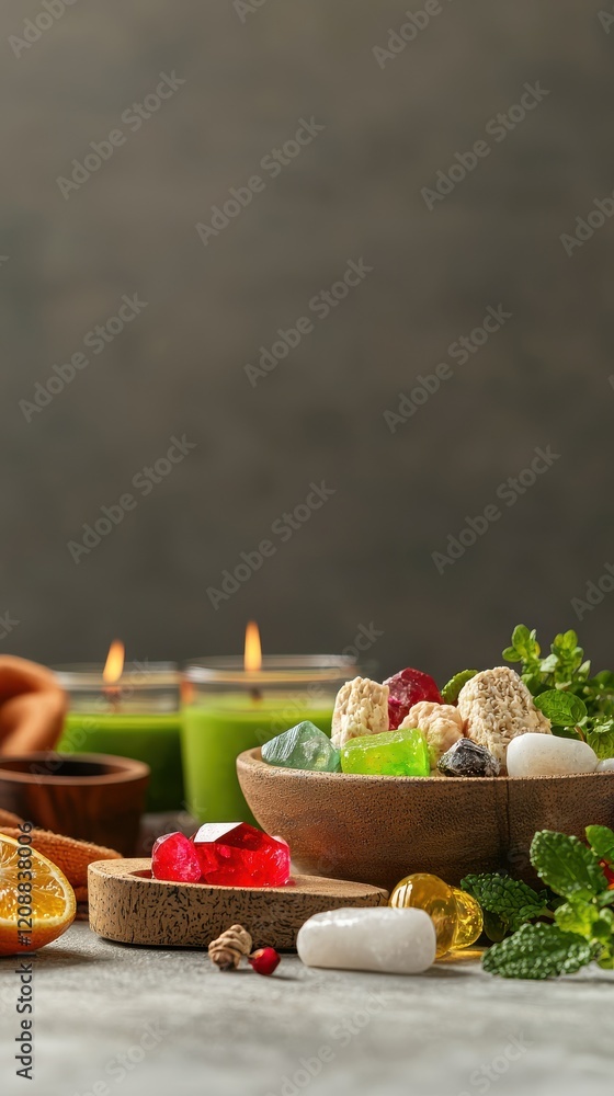 Naklejka premium Holistic health setup with herbs and crystals in a cozy room warm lighting relaxing environment inviting viewpoint