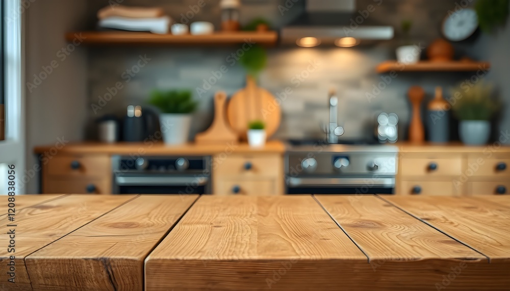 The wood table top is on the blurry kitchen counter background Mockup table
The wood table top is on the blurry kitchen counter background Mockup table