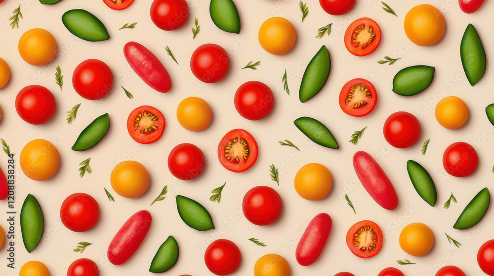 Colorful tomatoes and cucumbers arranged in seamless pattern on light background Colorful tomatoes and cucumbers arranged in seamless pattern on light background