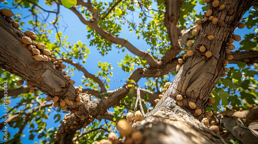 Fototapeta premium Branches of a tree filled with peanuts in a plantation, clear sky above