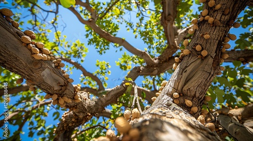 Branches of a tree filled with peanuts in a plantation, clear sky above photo