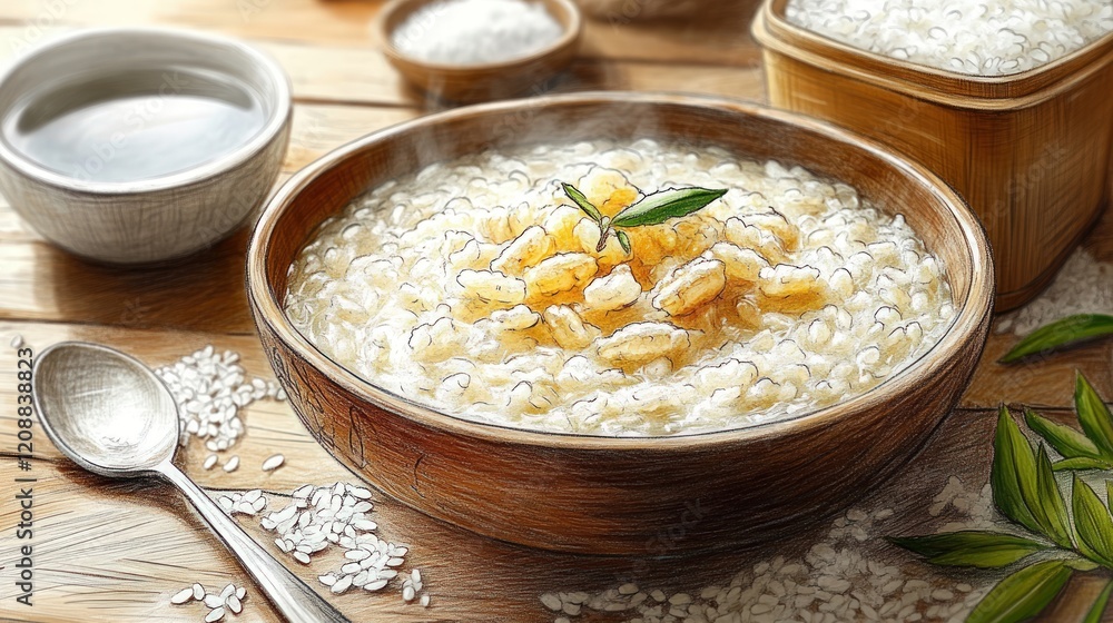 Steaming rice porridge, wooden bowl, grains. Steaming rice porridge, wooden bowl, grains.