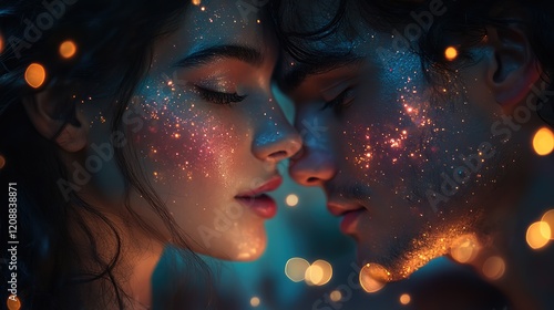 A Romantic and Ethereal Portrait of Two People with Glitter Accents and Bokeh Lights