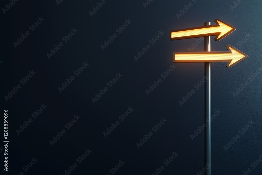 Fototapeta premium A signpost with illuminated arrows pointing left and right against a dark background, symbolizing choice and direction.
