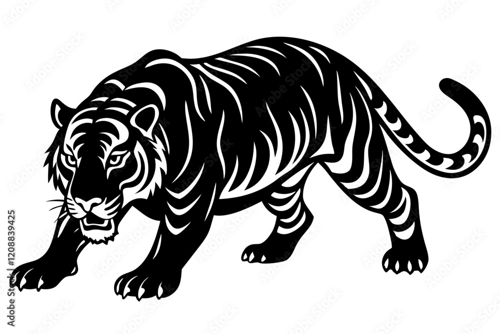 Fototapeta premium Tiger Silhouette Crouching in a Stalking Position Exuding Stealth and Power