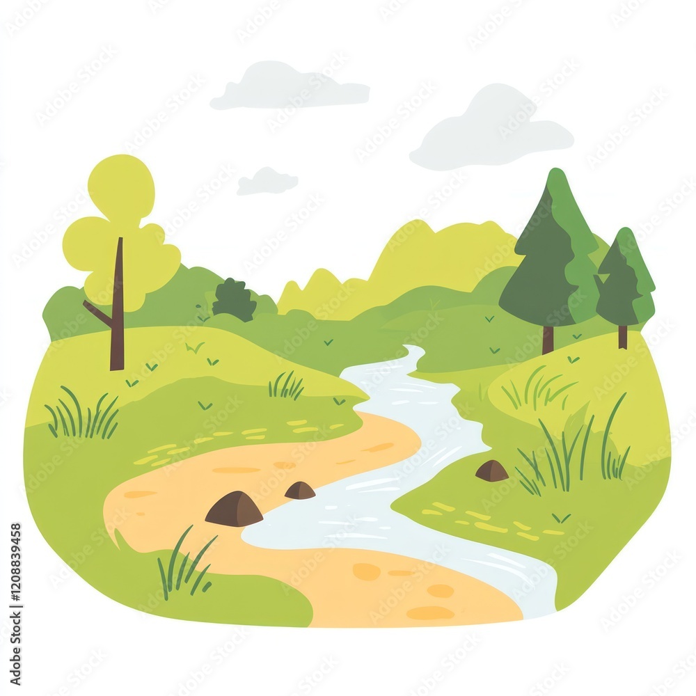 Obraz premium Serene River Landscape with Green Hills and Trees
