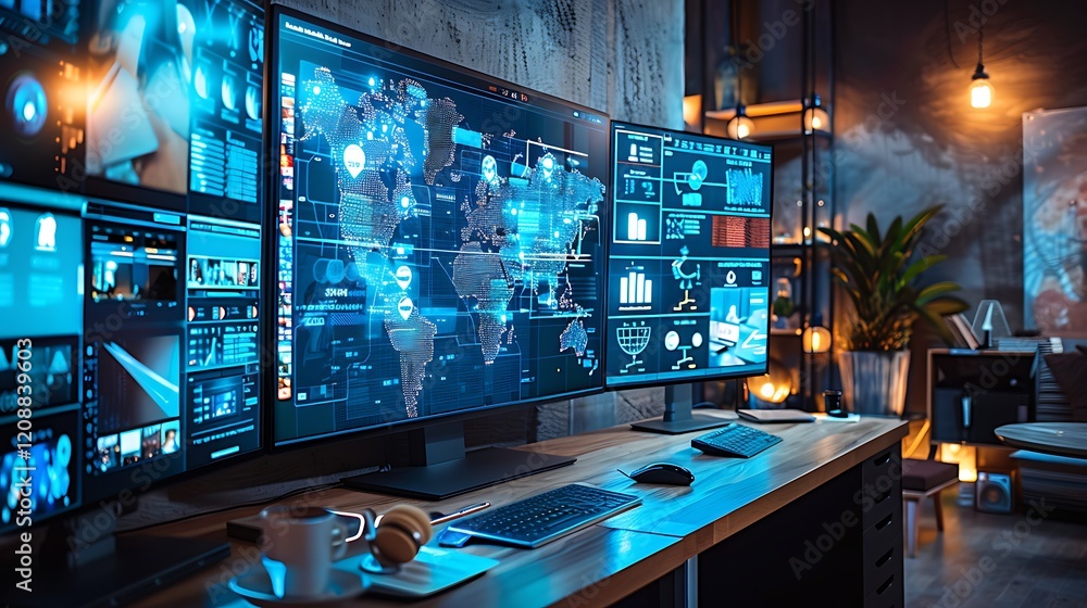 Webinar Workshop Wisdom, virtual workshop setting with screens displaying various business and internet technology topics, Webinar Workshop Wisdom, virtual workshop setting with screens displaying various business and internet technology topics,