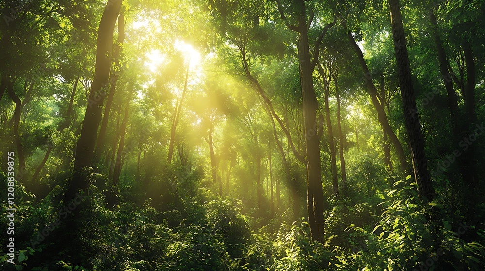 Fototapeta premium Sunlight streaming through a dense green forest canopy