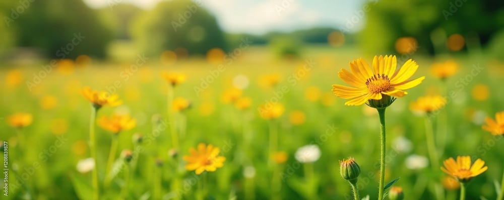 Fototapeta premium Hawkweed plant in a sunny meadow field with scattered wildflowers, fields, landscape, grassland