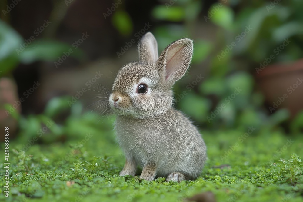 Fototapeta premium Gray rabbit with big ears sitting on fresh green grass after rain, small, cute, fluffy, lively, and happy expression.