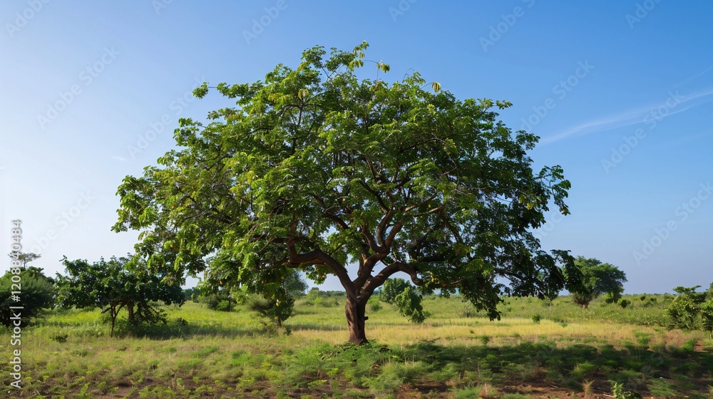 Tree in a plantation area heavy with peanuts, clear sky visible Tree in a plantation area heavy with peanuts, clear sky visible