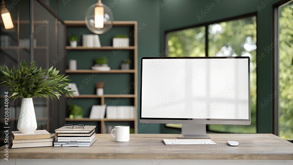 A modern minimalist workspace with a wooden desk in the foreground A modern minimalist workspace with a wooden desk in the foreground