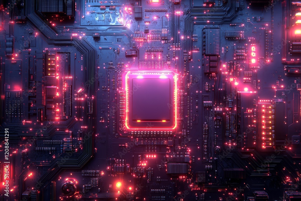 Fototapeta premium Vibrant circuit board background with neon blue and purple lines, chip icon, glowing elements, futuristic energy flow, tech design.