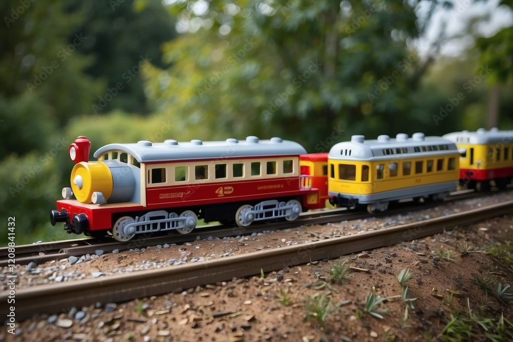 Fototapeta premium Colorful toy train travels along miniature tracks in a lush outdoor setting on a sunny day