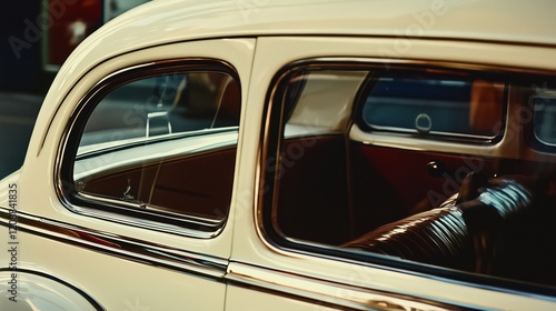 Photo of the rear window interior of a car, interior, square shaped front door window, rear window, photo taken from rear window, 1940s, white, color photo