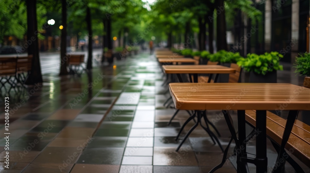 A rainy street lined with wooden tables and chairs, surrounded by lush greenery. A rainy street lined with wooden tables and chairs, surrounded by lush greenery.