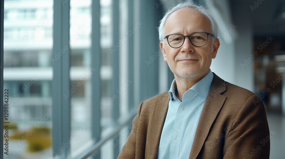 Obraz premium Portrait of successful senior businessman consultant looking at camera and smiling inside modern office building