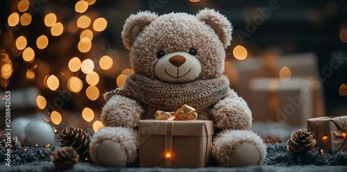 Wallpaper Mural Teddy bear Christmas gift lights bokeh Torontodigital.ca