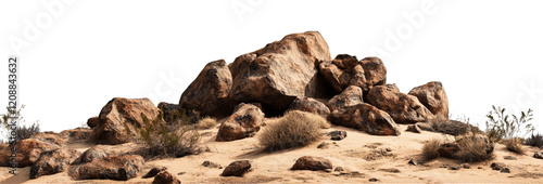 Majestic Desert Rock Formation: A Panoramic View of  Brown Rocks and Sandy Landscape under Bright Sunlight