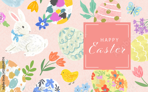 Hand-drawn cute Easter Vector Design for Backgrounds, Banners, and Posters. Easter Egg, Easter rabbit, chick and Floral Background Illustration.