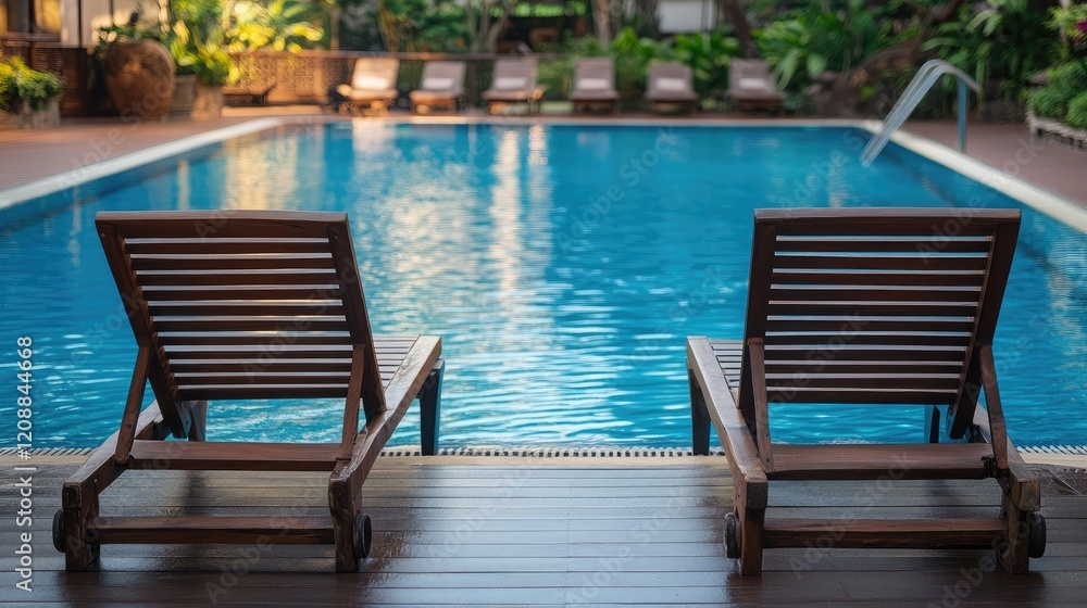 A pair of poolside deck chairs facing a large, inviting swimming pool. A pair of poolside deck chairs facing a large, inviting swimming pool.