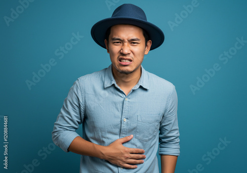 Frustrated man grimacing while holding his stomach, captured at eye level for engagement. photo