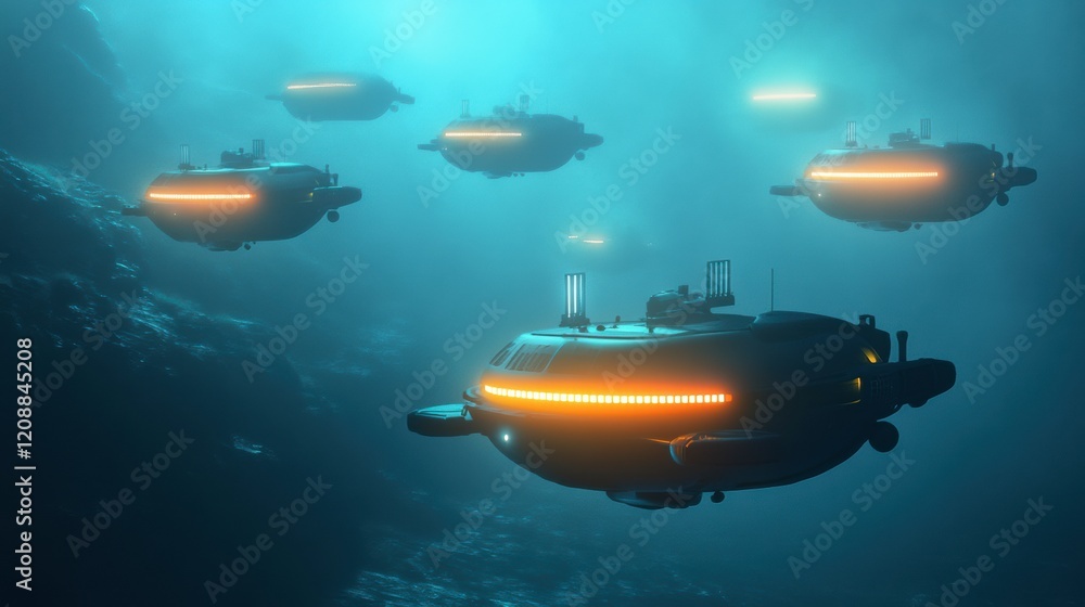 Fototapeta premium A fleet of autonomous underwater drones mapping the oceans depths, with bioluminescent creatures in the background