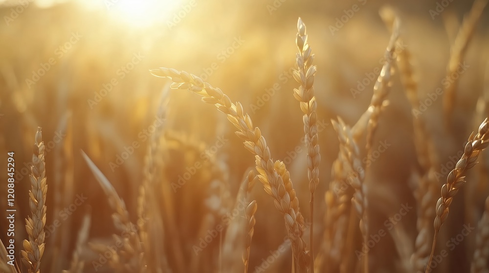 Fototapeta premium Rice growing in the fields, close-up of rice grains, a farmhouse harvest scene in China, warm colors, rice ears swaying in the wind, clear details.