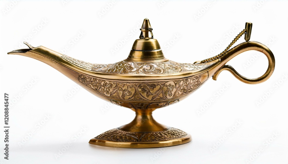 Ornate brass genie lamp with intricate detailing. Ornate brass genie lamp with intricate detailing.