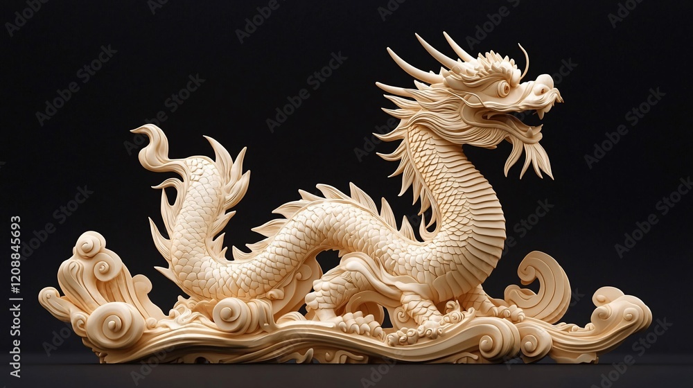 Fototapeta premium Intricate beige dragon carving on waves, dark background.