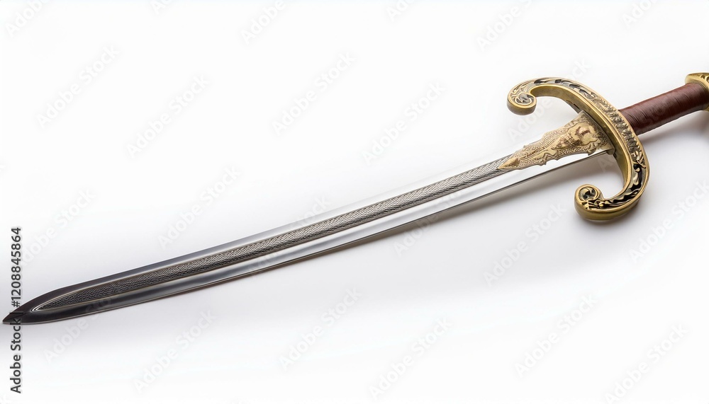 Ornate sword with intricate details, gleaming against a stark white backdrop. Ornate sword with intricate details, gleaming against a stark white backdrop.