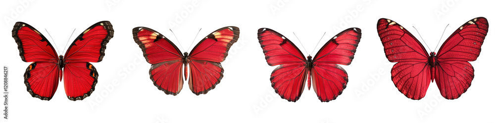Fototapeta premium Closeup shot of several vibrant red butterflies with intricate detailed wing patterns in a natural environment The butterflies are shown in flight highlighting their graceful movements and delicate