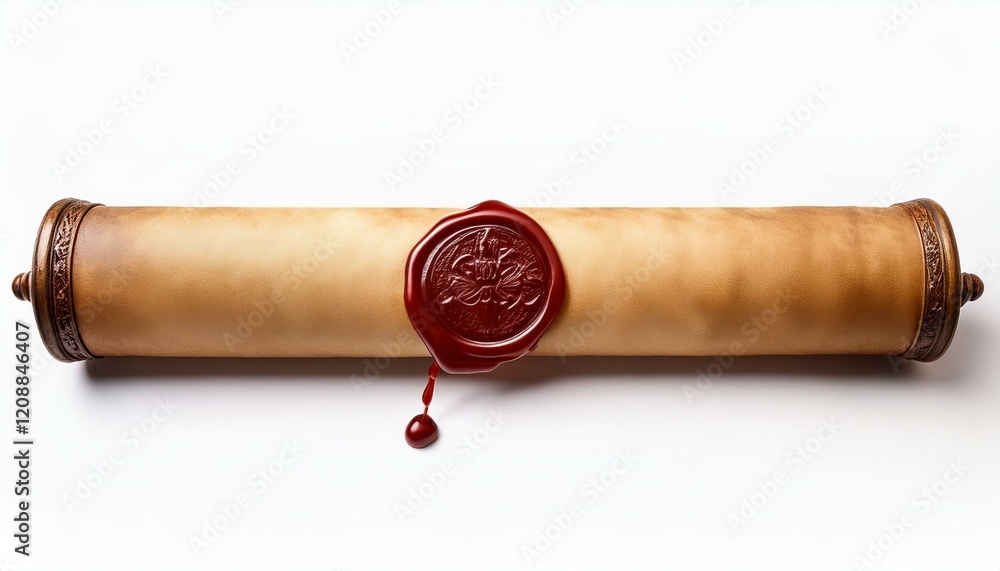 Ancient parchment scroll sealed with red wax. Ancient parchment scroll sealed with red wax.