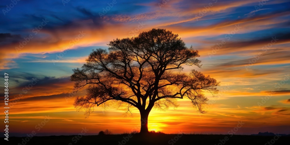 Fototapeta premium Dark forest tree silhouette against sunset background, branches, outdoors, branches, outdoors, bark, landscape