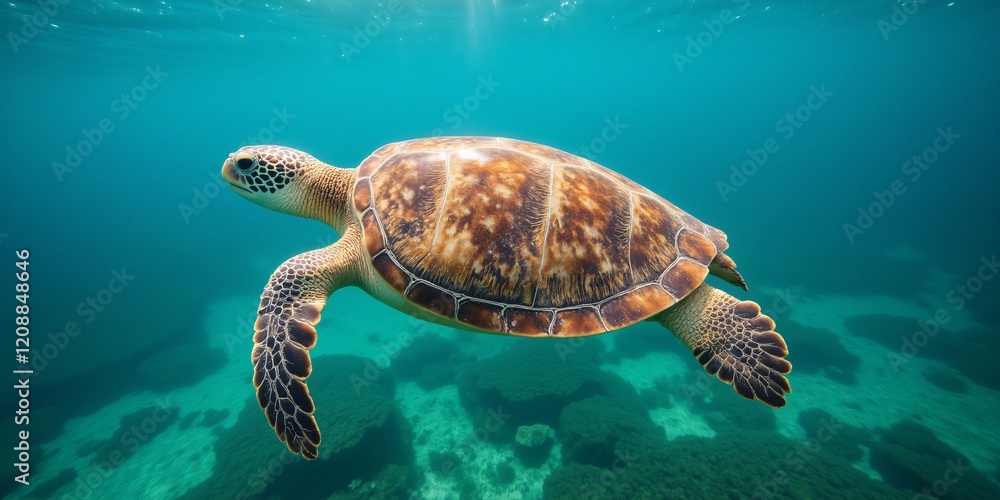 Fototapeta premium Majestic sea turtle gracefully glides through vibrant coral reef, sunlight filtering through the turquoise water. A serene underwater spectacle.
