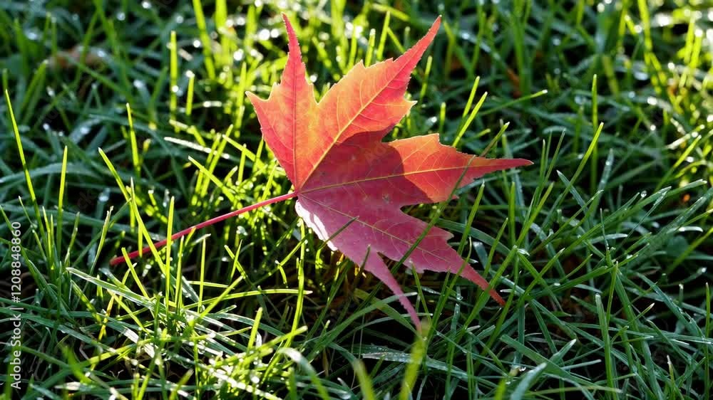 Red maple leaf on fresh green grass, symbol of autumn in nature Red maple leaf on fresh green grass, symbol of autumn in nature