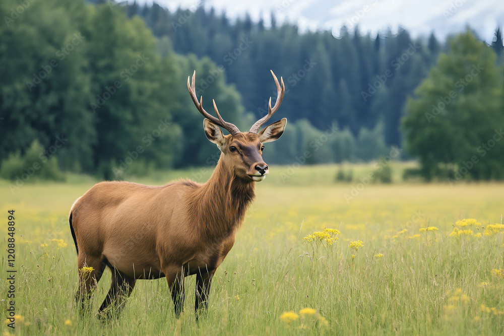 Naklejka premium Deer in the meadow grass forest in background. 