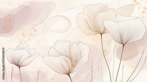 Elegant Floral Line Art Wall Mural, Minimalist White Flowers with Delicate Petals on Soft Neutral & Gold Abstract Backdrop