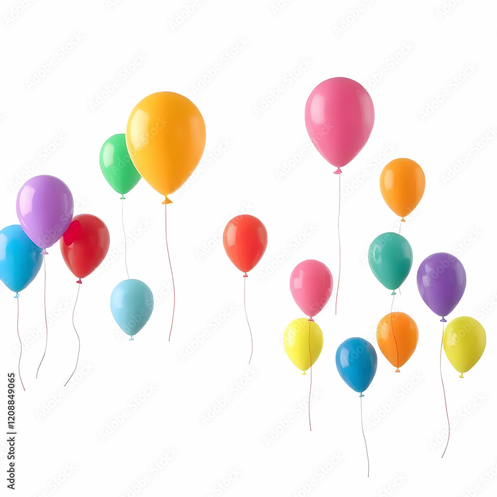 Set of colored balloons flying above the ground isolated on the white background Set of colored balloons flying above the ground isolated on the white background