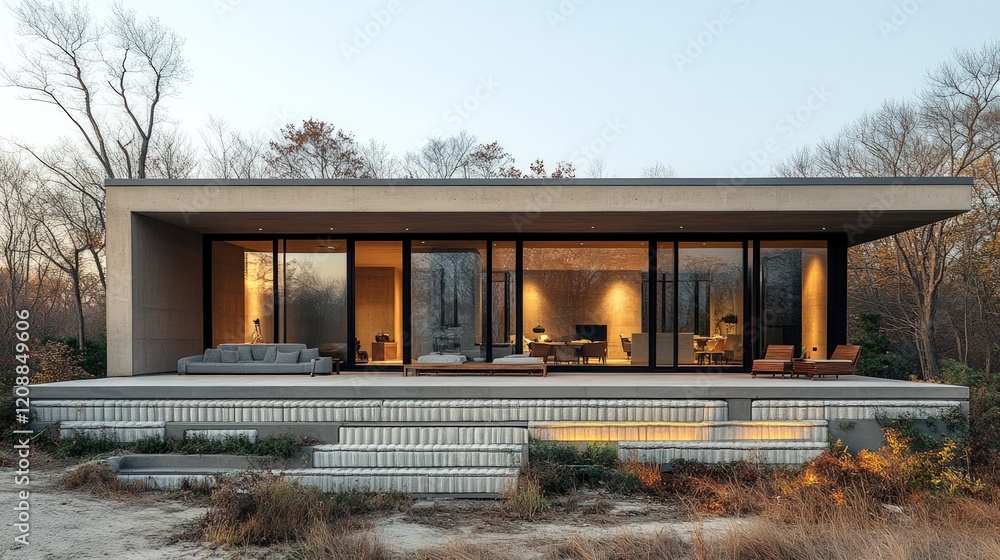 Modern concrete house, large windows, autumn setting. Modern concrete house, large windows, autumn setting.