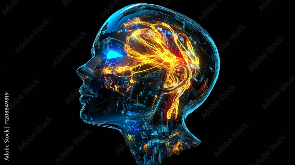 Side view of a humanoid head with blue and yellow eyes and vibrant neon neural network, representing futuristic technology and artificial intelligence. Generative AI Side view of a humanoid head with blue and yellow eyes and vibrant neon neural network, representing futuristic technology and artificial intelligence. Generative AI